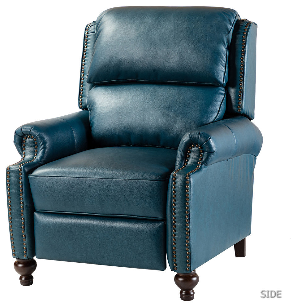 Genuine Leather Cigar Recliner With Nail Head Trim, Turquoise