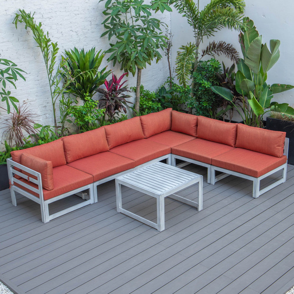 LeisureMod Chelsea 7-Piece Gray Patio Sectional With Coffee Table, Orange
