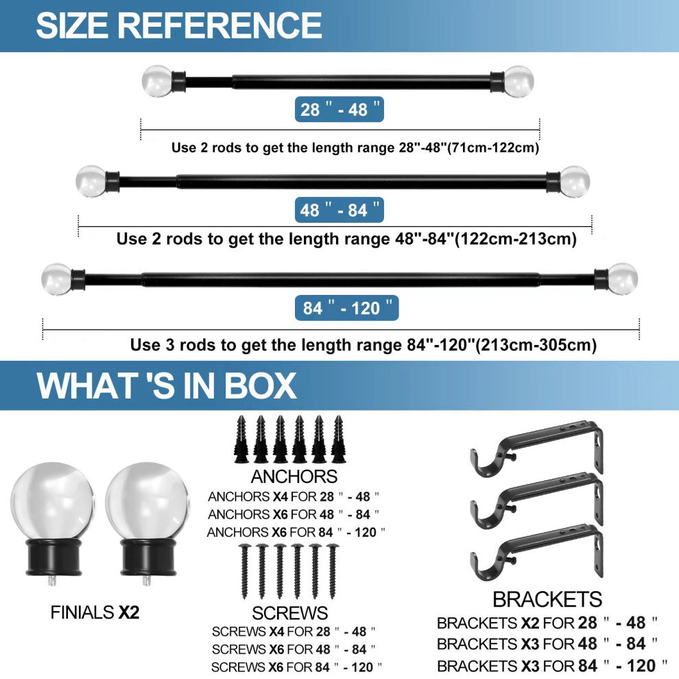 1" Crystal Ball Drapery Curtain Rod, Black, 48"-84"
