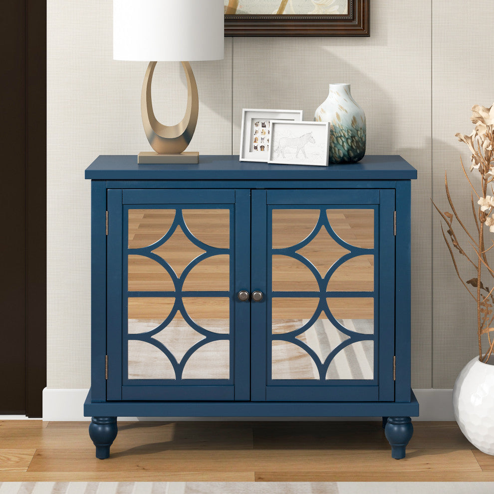 Wood Double Mirrored Door Accent Cabinet with Adjustable Shelf, Blue, 35" X 14"