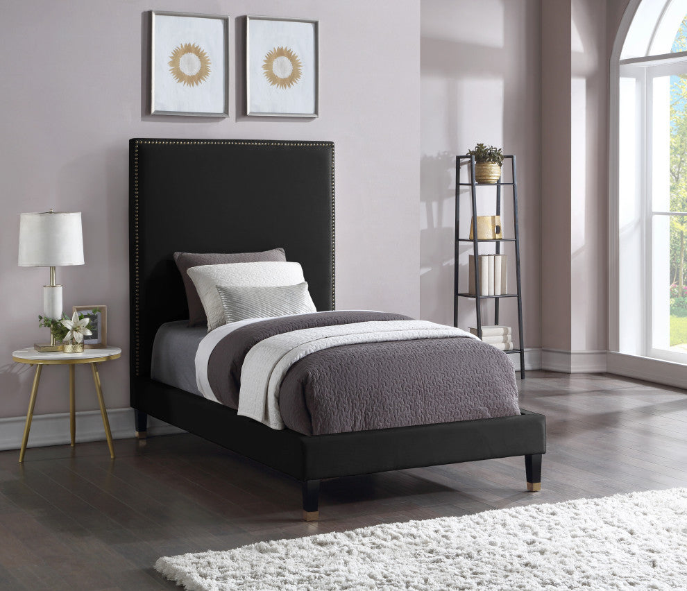 Harlie Velvet Upholstered Bed, Black, Twin