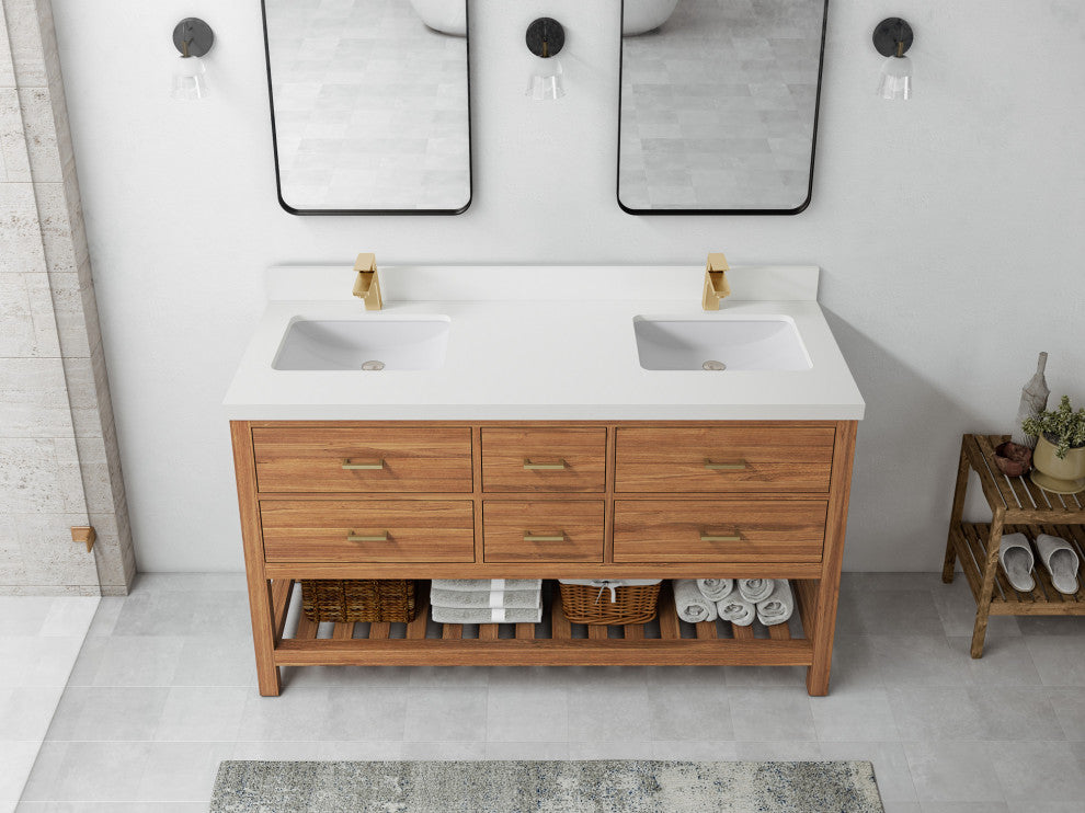 Parker Teak 60" Double Sink Vanity, Golden Teak, 2" White Quartz