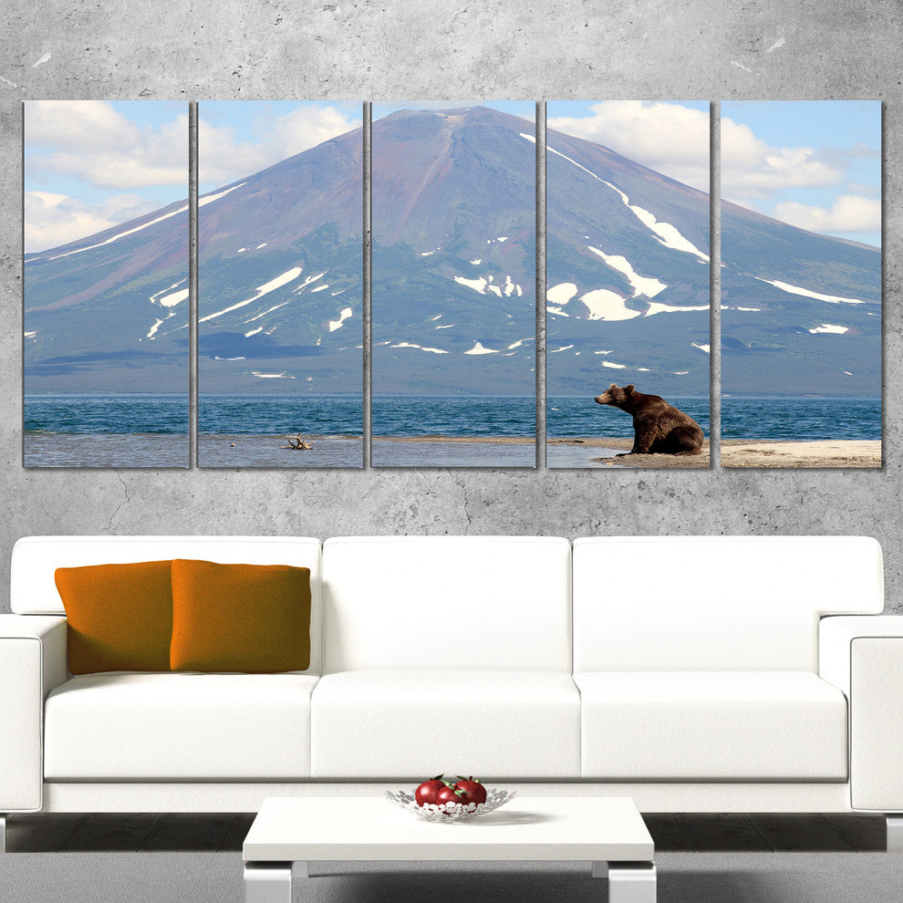 Large Bear in Front of Volcano, Landscape Canvas Wall Art, 60"x28", 5 Panels