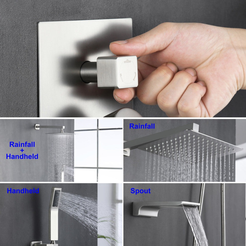 Wellfor Rain Shower Faucet, 10" Waterfall Shower Head With Handheld Combo Set, Brushed Nickel