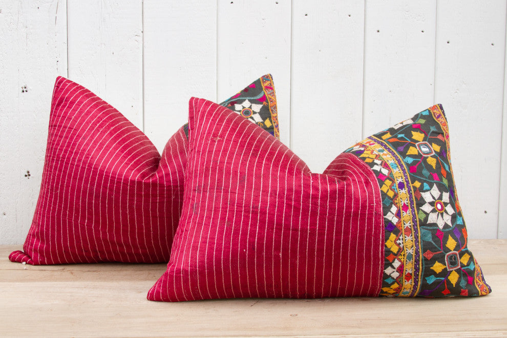 Pair of Floral Antique Mashru Tribal Lumbar Pillows