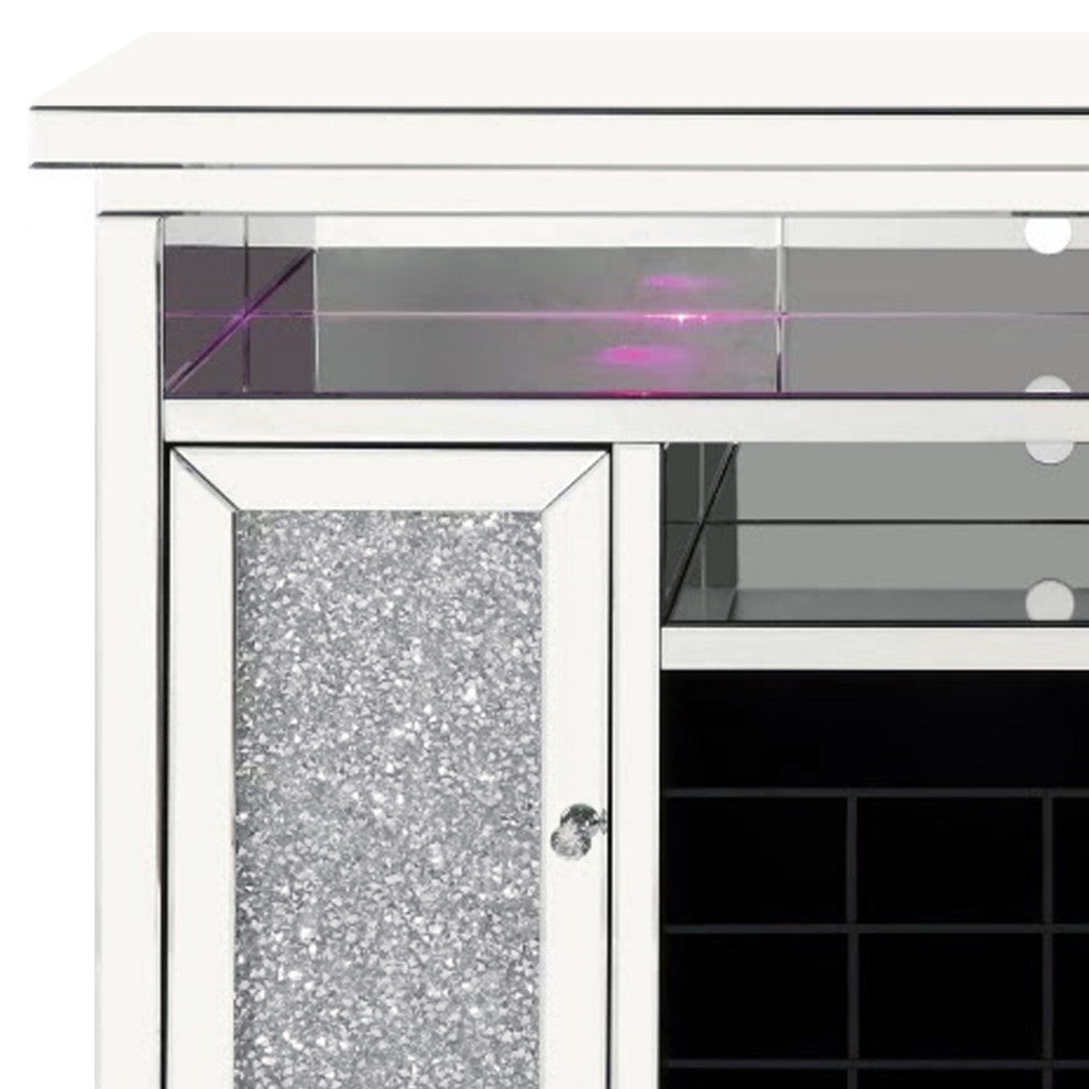 Benzara BM269546 Mirrored Wine Cabinet With 2 Doors and LED Lights, Silver