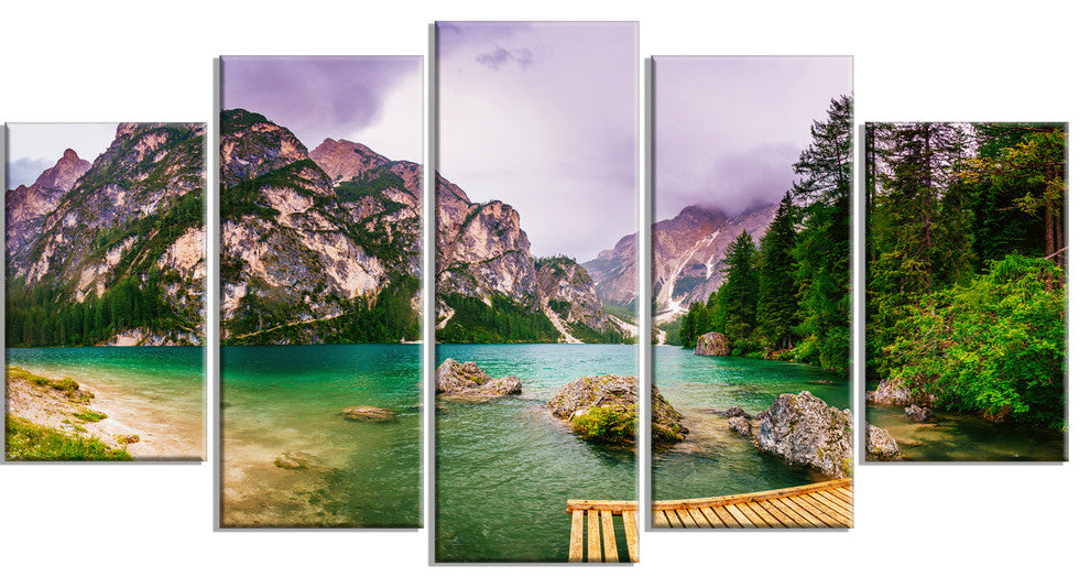 Mountain Lake Between Mountains, Large Landscape Canvas Art, 60"x32", 5 Panels