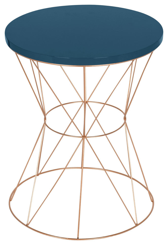 Mendel Round Rose Gold Metal End Table, Blue