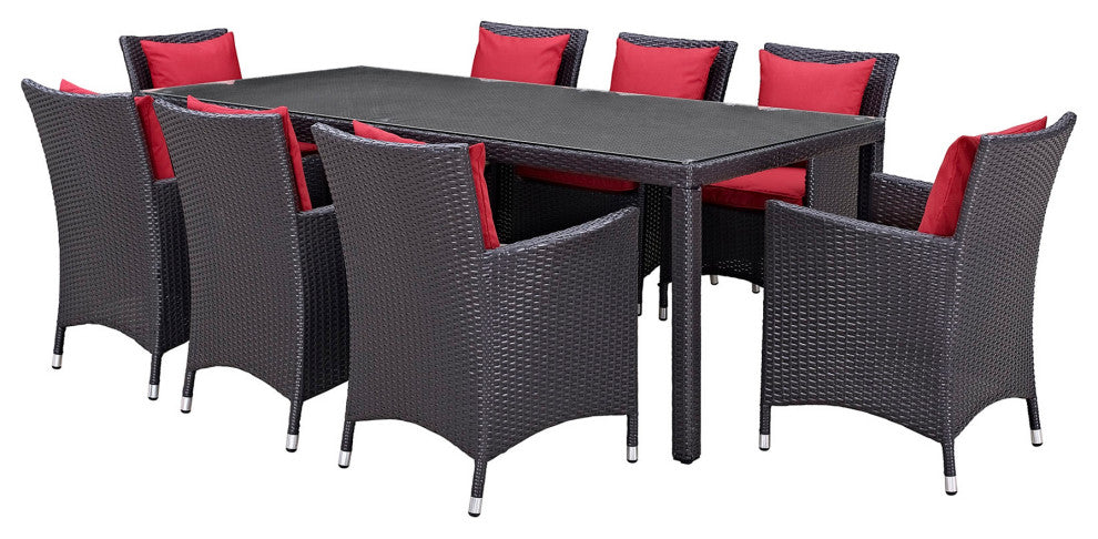 9 Piece Outdoor Dining Set, Faux Wicker Rattan, Red