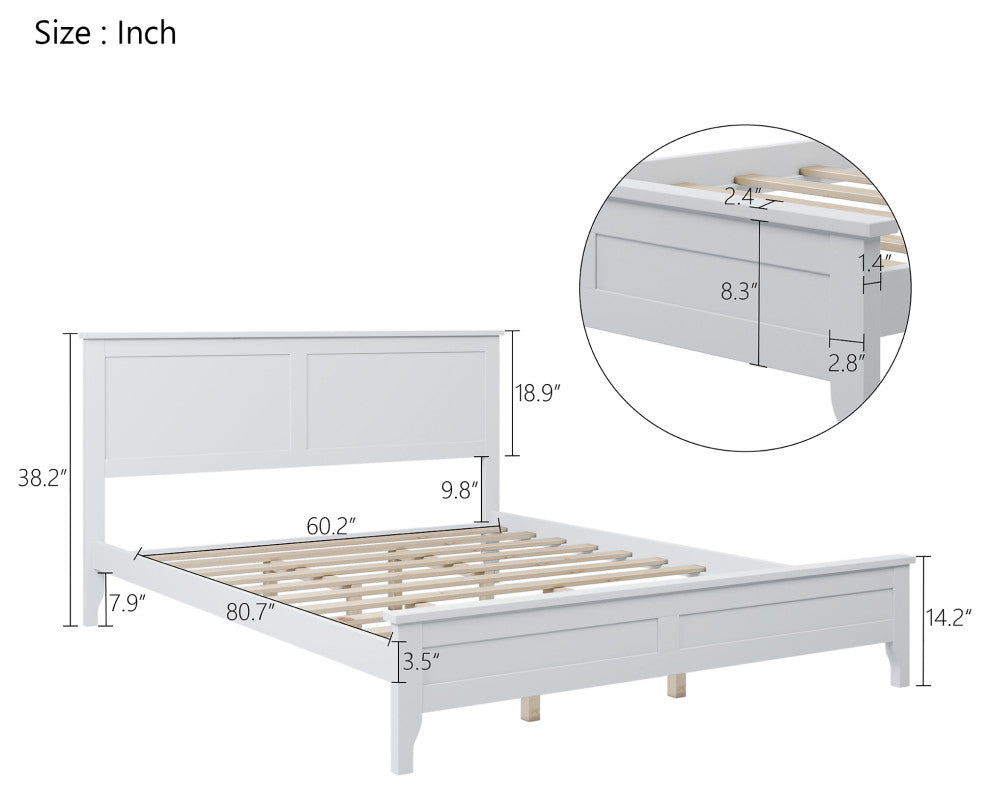 Gewnee Modern White Solid Wood Queen Platform Bed in White