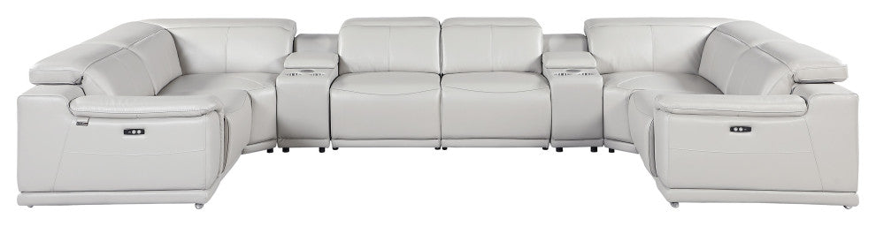 Federico 8-Piece Italian Leather U Sectional, 4 Power Recliners, Light Gray