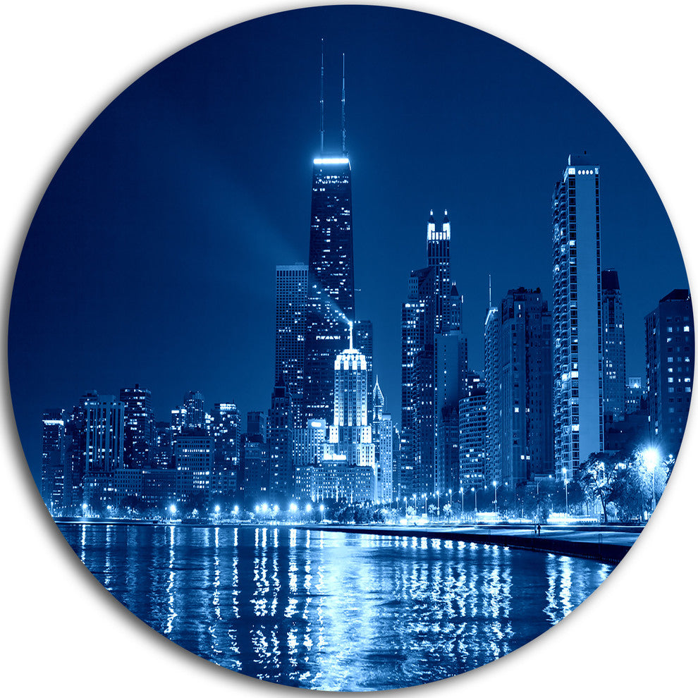 Blue Chicago Skyline Night, Cityscape Photo Round Wall Art, 11"