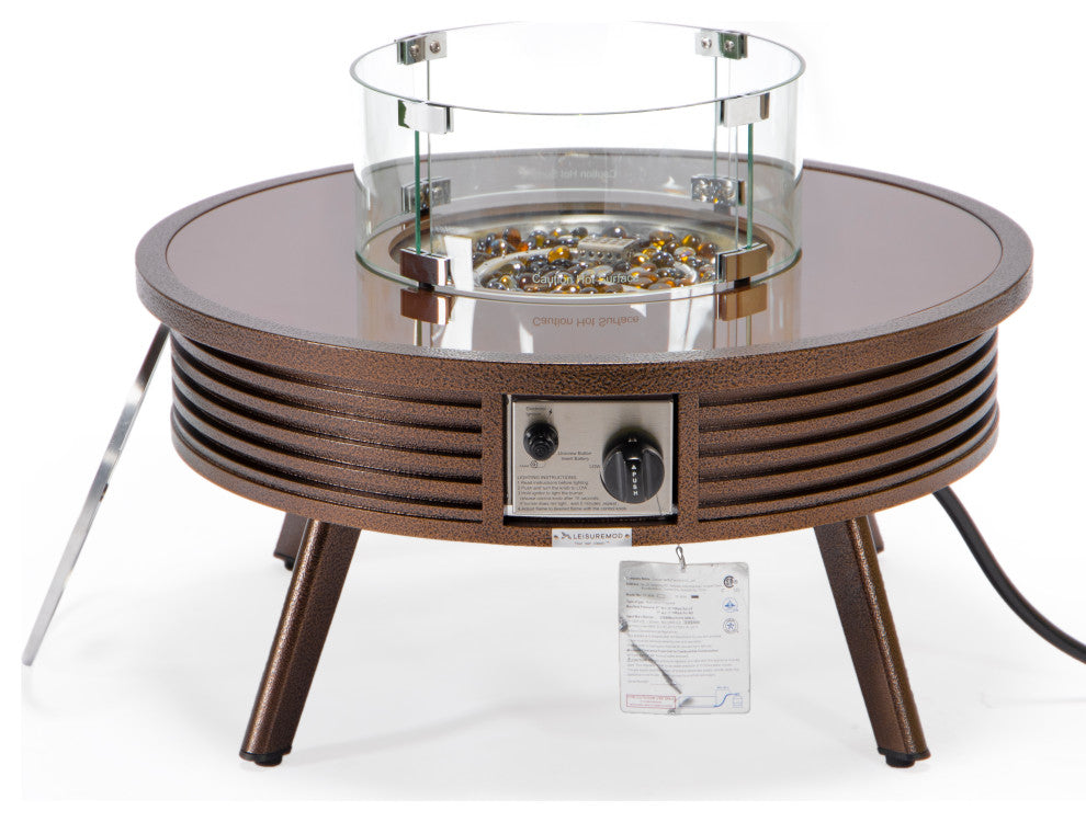 Leisuremod Walbrooke Patio Round Fire Pit Table With Aluminum Slats Frame, Brown