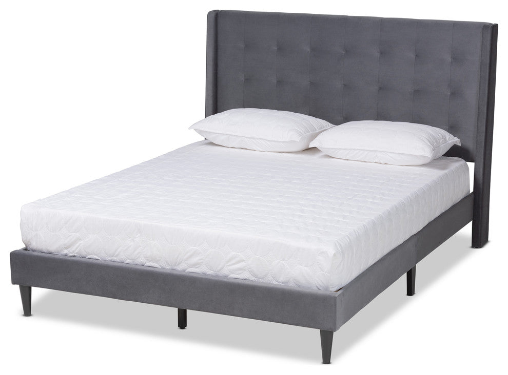 Violeta Modern Velvet Upholstered Platform Bed, Gray/Dark Brown, Queen