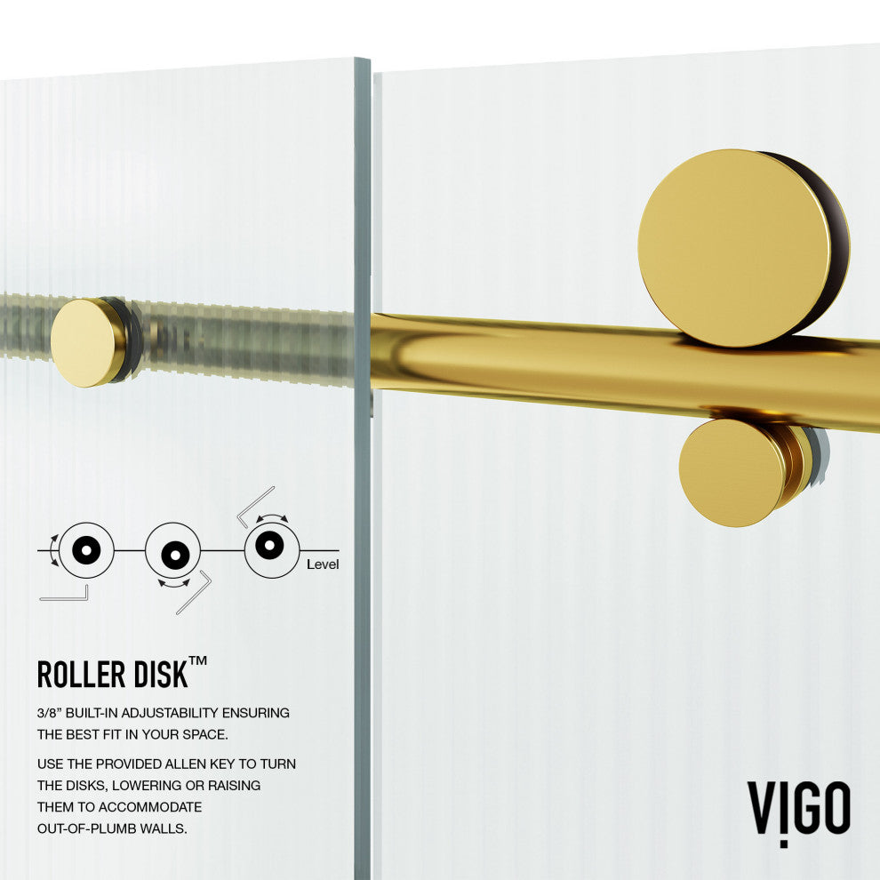 VIGO Elan E-Class 56" to 60" W x 76" H Frameless Sliding Shower Door, Matte Brushed Gold, Fluted Glass, Right