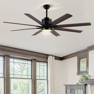 Octo 66" Industrial Iron 6 Speed Ceiling Fan, LED, App/Remote, Black/Brown Wood"