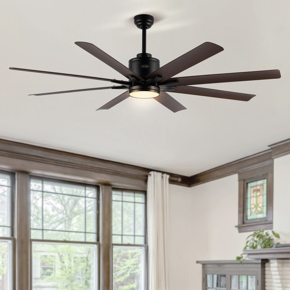 Octo 66" Industrial Iron 6 Speed Ceiling Fan, LED, App/Remote, Black/Brown Wood"