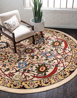Country and Floral Kashan 8' Round Creme Area Rug