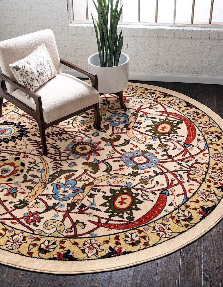 Country and Floral Kashan 8' Round Creme Area Rug