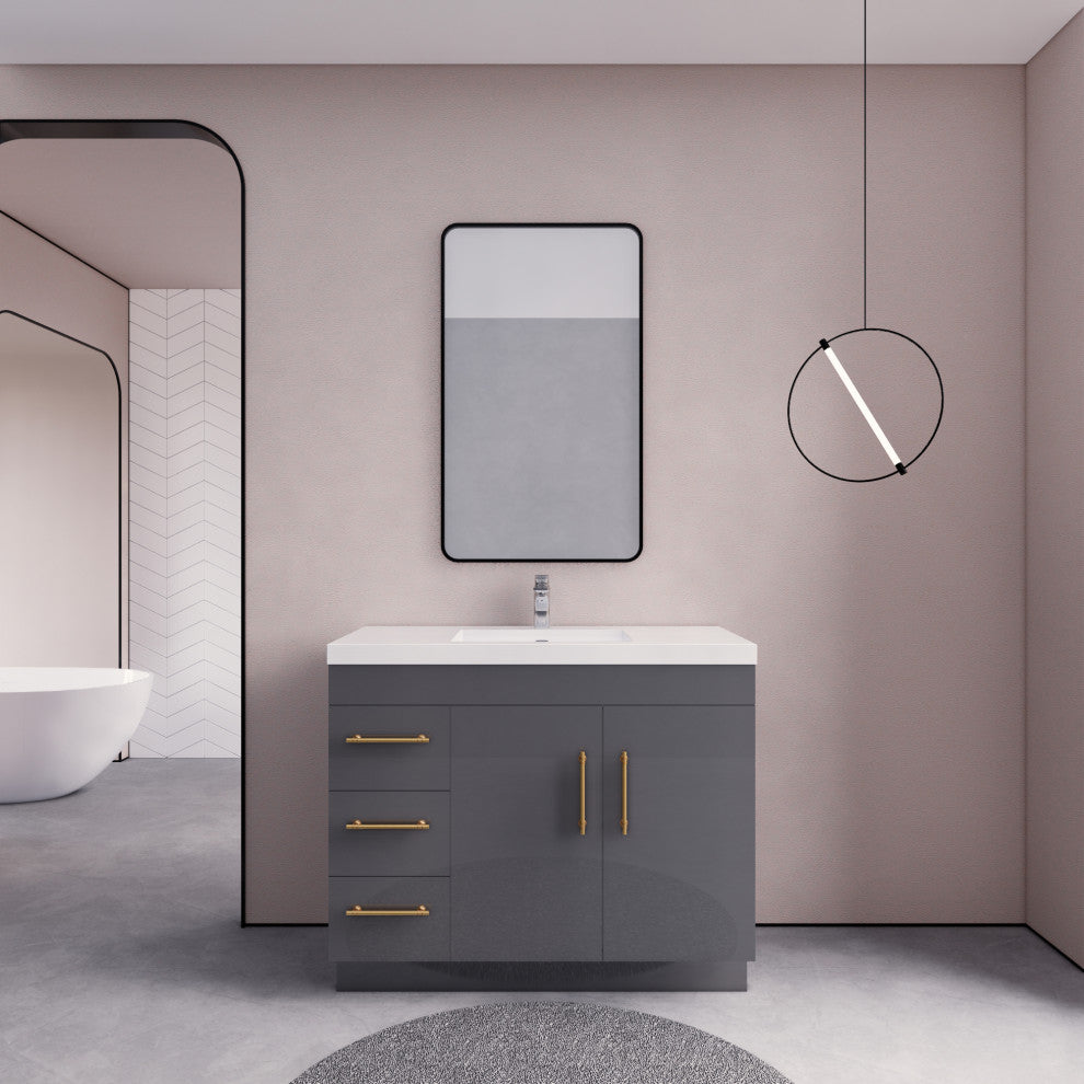 Rosa 42" Free Standing Modern Vanity, High Gloss Gray, Glossy White Top