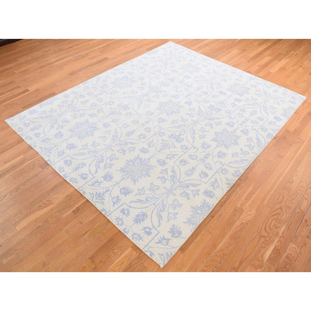 Gray on Beige Lotus Flower Design Tone on Tone Hand Knotted Wool Rug, 8'x9'10"
