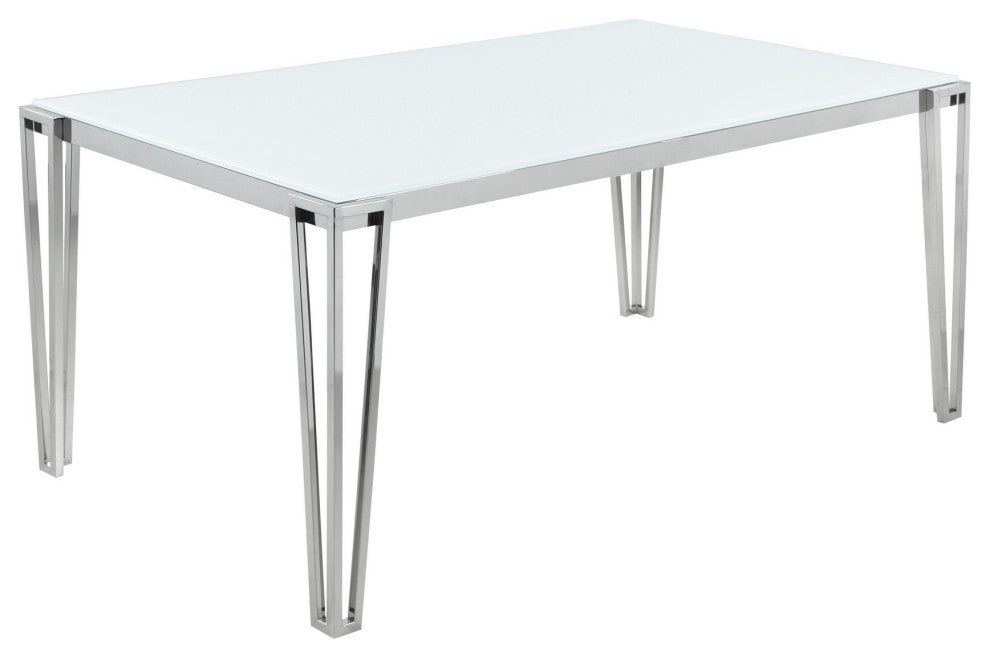 Benzara BM242102 Dining Table With Glass Top and Metal Legs, White and Chrome