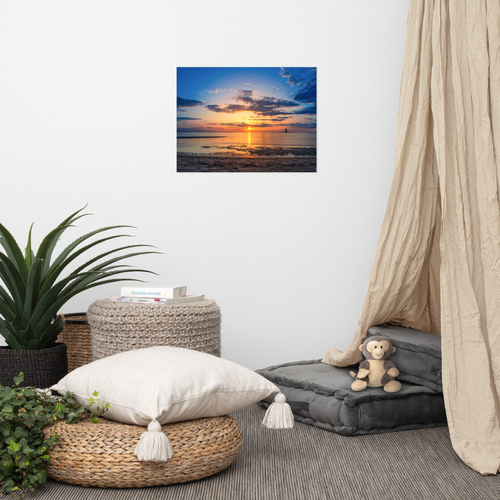 Sunset at Breakwater Lighthouse Coastal Landscape Unframed Wall Art Print, 18" X 24"