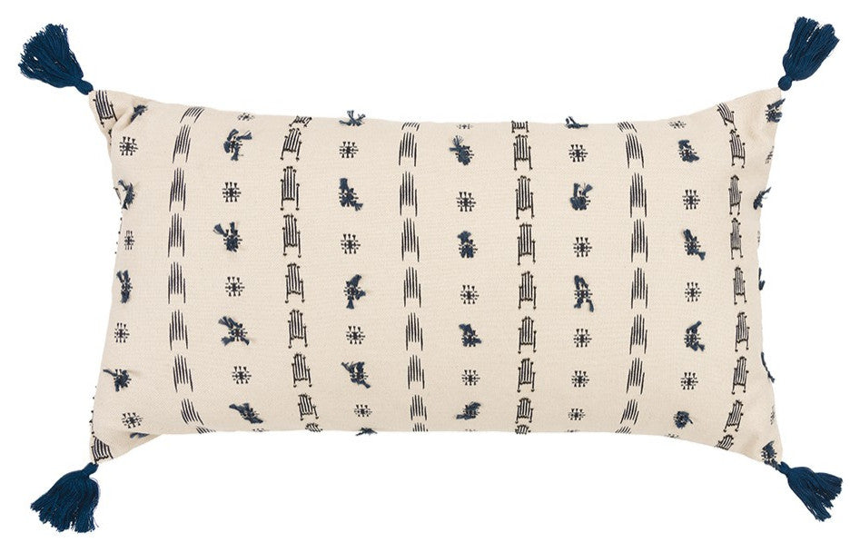 Blue Beige Tribal Inspired Tasseled Lumbar Pillow