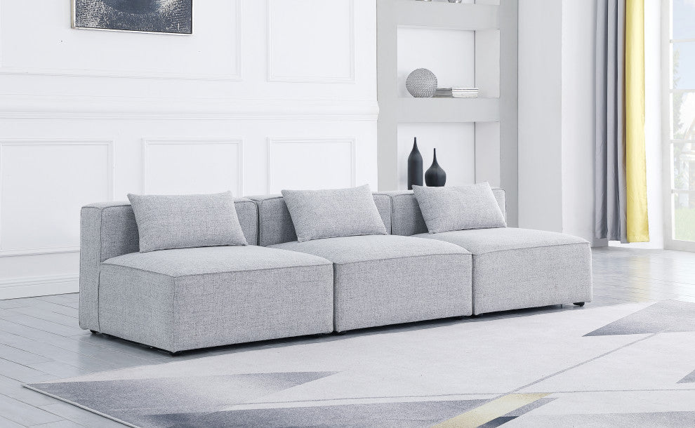 Cube Upholstered Modular Sofa, Gray, 3-Piece: 3 Armless Chair, Linen Texured Fabric