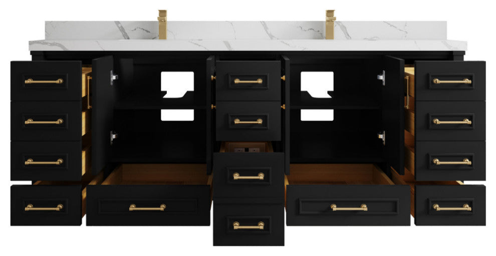Aberdeen 84 Double Sink Bath Vanity in Black 2" Calacatta Laza