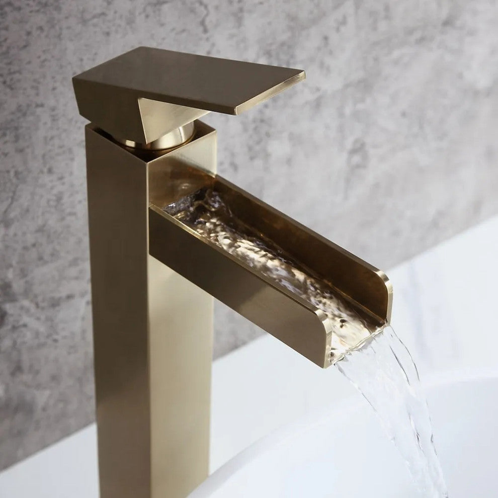 Contemporary Single Handle Waterfall Spout Bathroom Vessel Sink Faucet, Brushed Gold