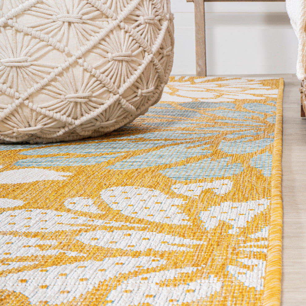 Zinnia Modern Floral Textured Weave Indoor/Outdoor, Yellow/Cream, 2x8