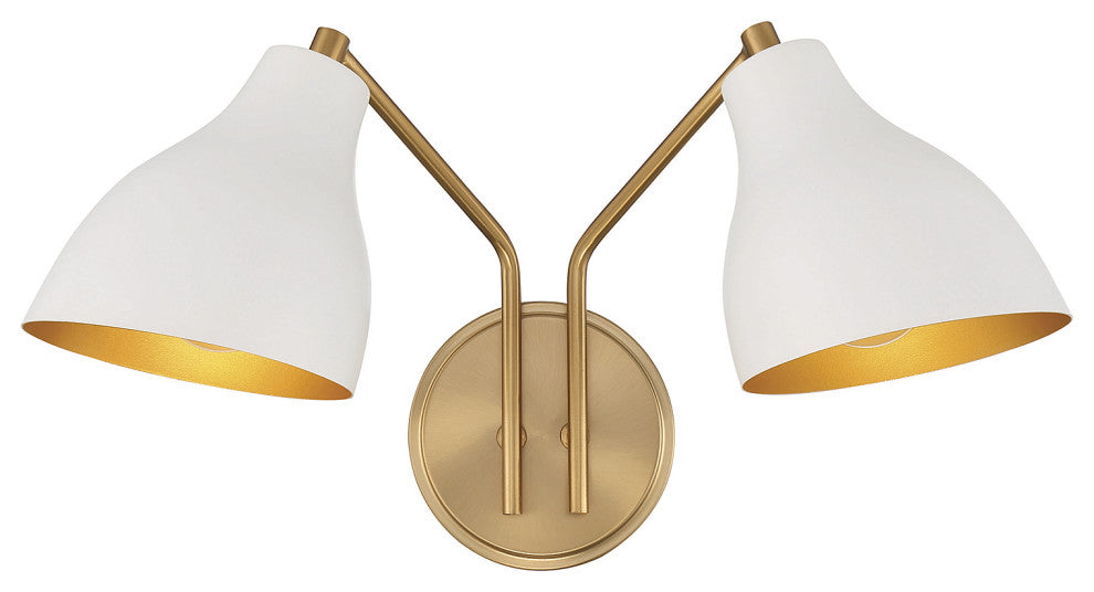 2-Light Wall Sconce, Matte Black With Natural Brass, White With Natural Brass