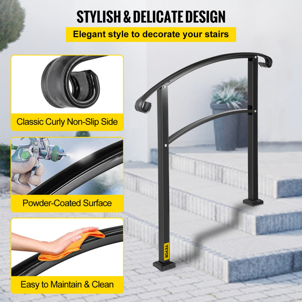 Wrought Iron Handrail Outdoor Stair Rail with Installation Kit, Black, Fit 3 Steps