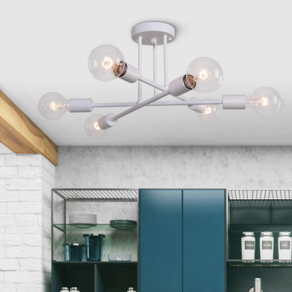 6 Light Sputnik Linear Semi Flush Mount Light, White