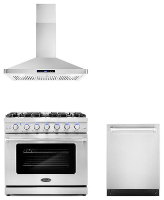 3-Piece, 36" Gas Range 36" Wall Mount Range Hood and 24" Dishwasher