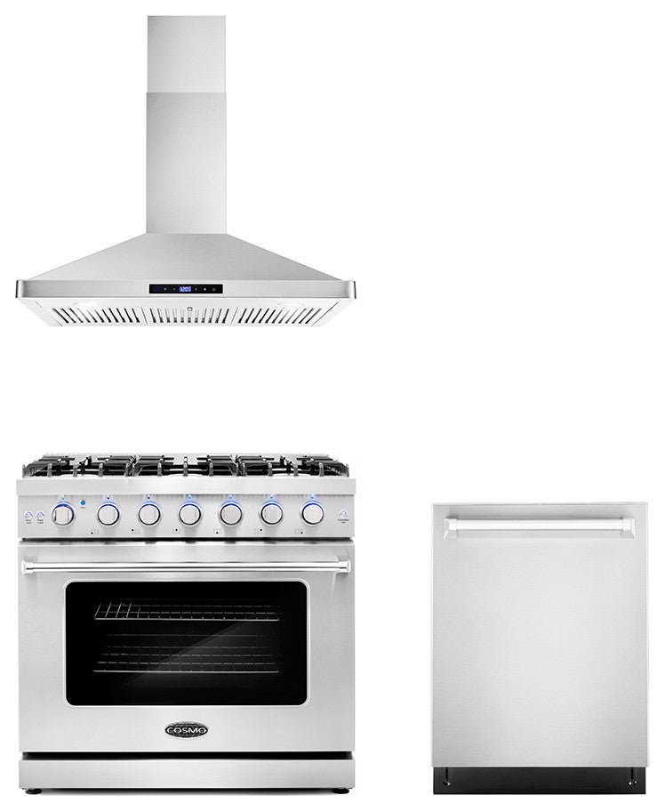 3-Piece, 36" Gas Range 36" Wall Mount Range Hood and 24" Dishwasher