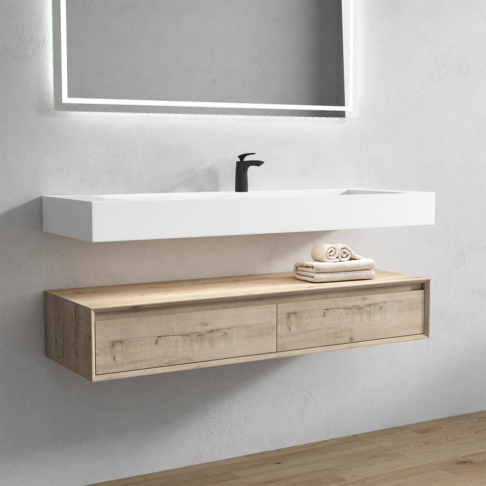 Alysa 60" Floating Bath Vanity, Acrylic Sink/Single Faucet Hole, Light Oak