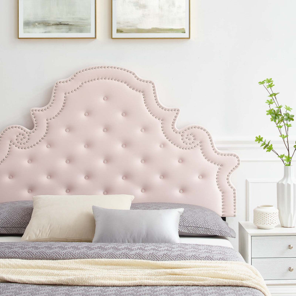 Tufted Platform Bed Frame, Full Size, Velvet, Pink, Modern Contemporary, Bedroom