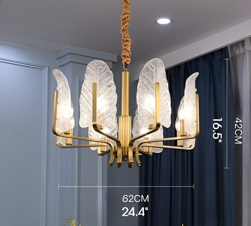 Lyss | Luxury Brass Chandelier with Leaves of Frosted Glass for Living Room, 8 Lights