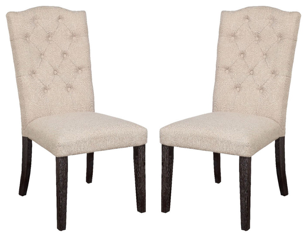 Set of 2 Linen Upholstered Side Chair, Beige/Weathered Espresso Finish