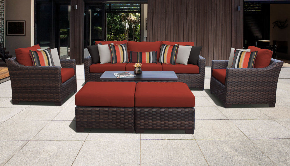 kathy ireland River Brook 8 Piece Wicker Patio Furniture Set, Cinnamon