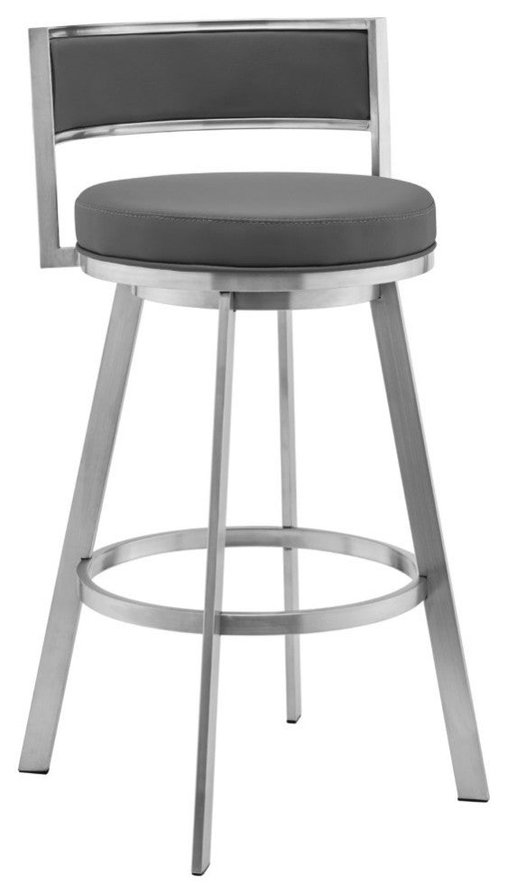 Roman 26" Gray Faux Leather and Brushed Stainless Steel Swivel Bar Stool