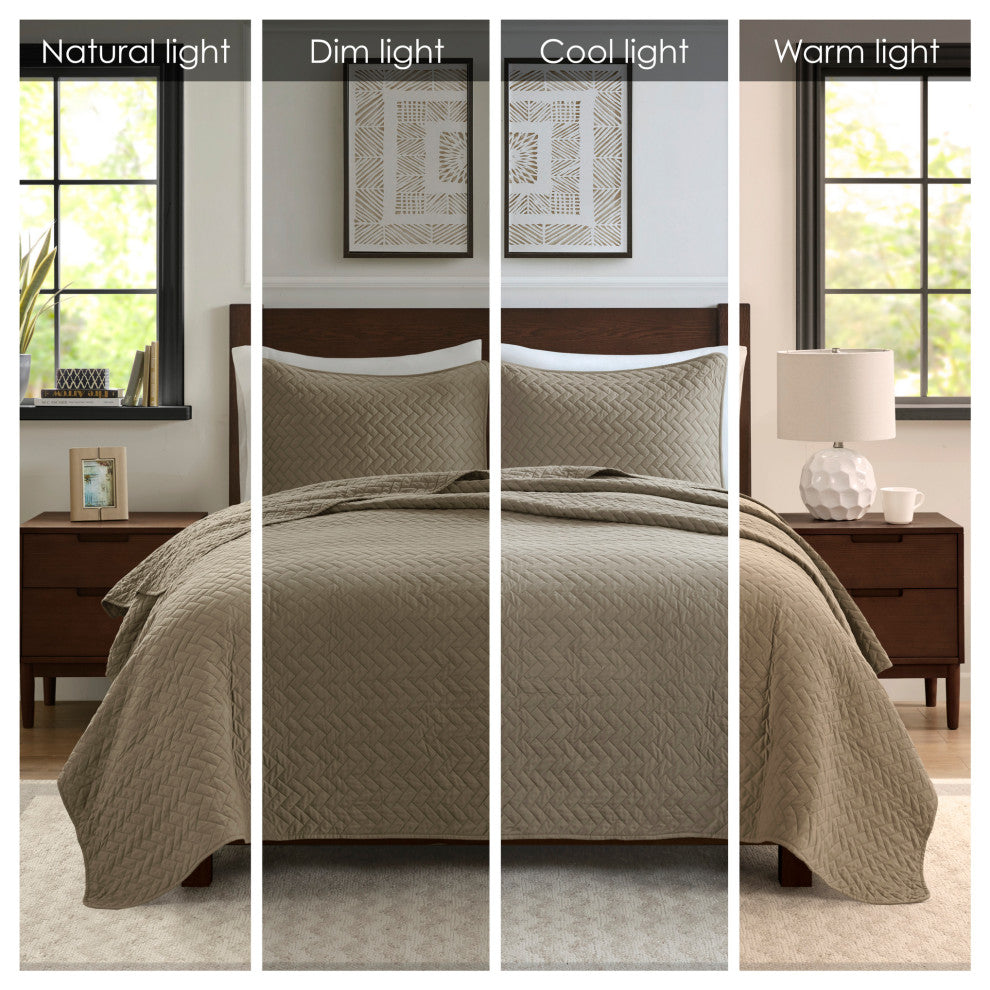 Hampton Hill Velvet Touch Herringbone Oversize 3-Piece Coverlet, Brown, Queen