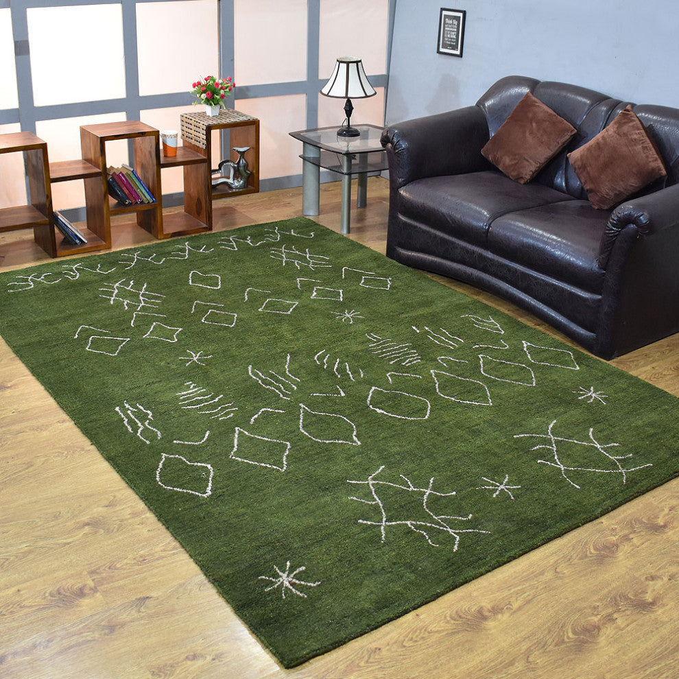 HAND KNOTTED LOOM SILK AREA RUGS-6'x9',Rectangle,Green White,Contemporary