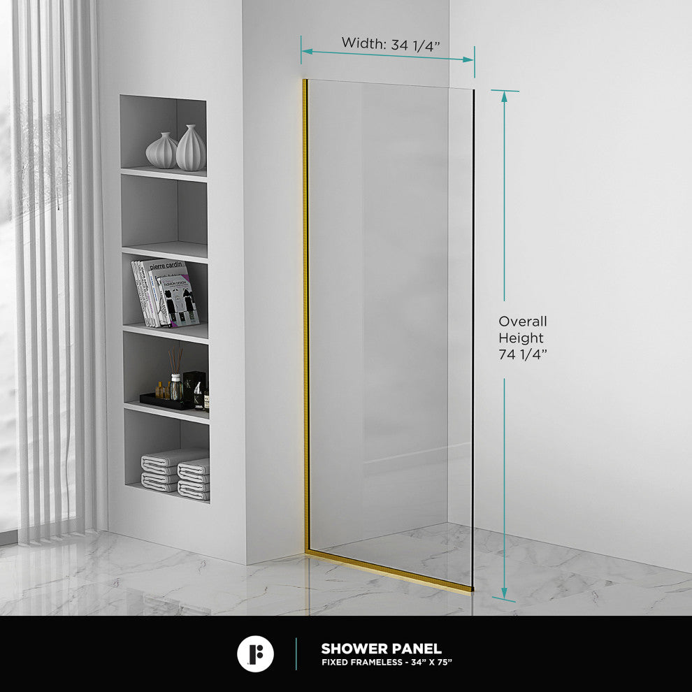 Single Fixed Glass Shower Panel - Clear Tempered Frameless Shower Glass Door, Satin Brass, 34"
