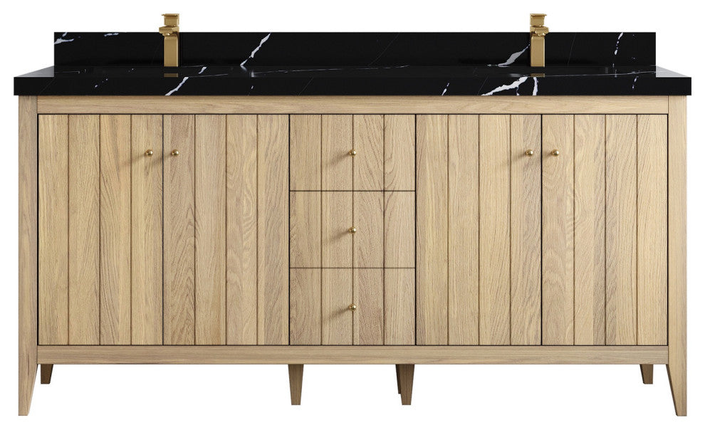 Atlanta Oak 72" Double Sink Bath Vanity, White 2" Calacatta Black