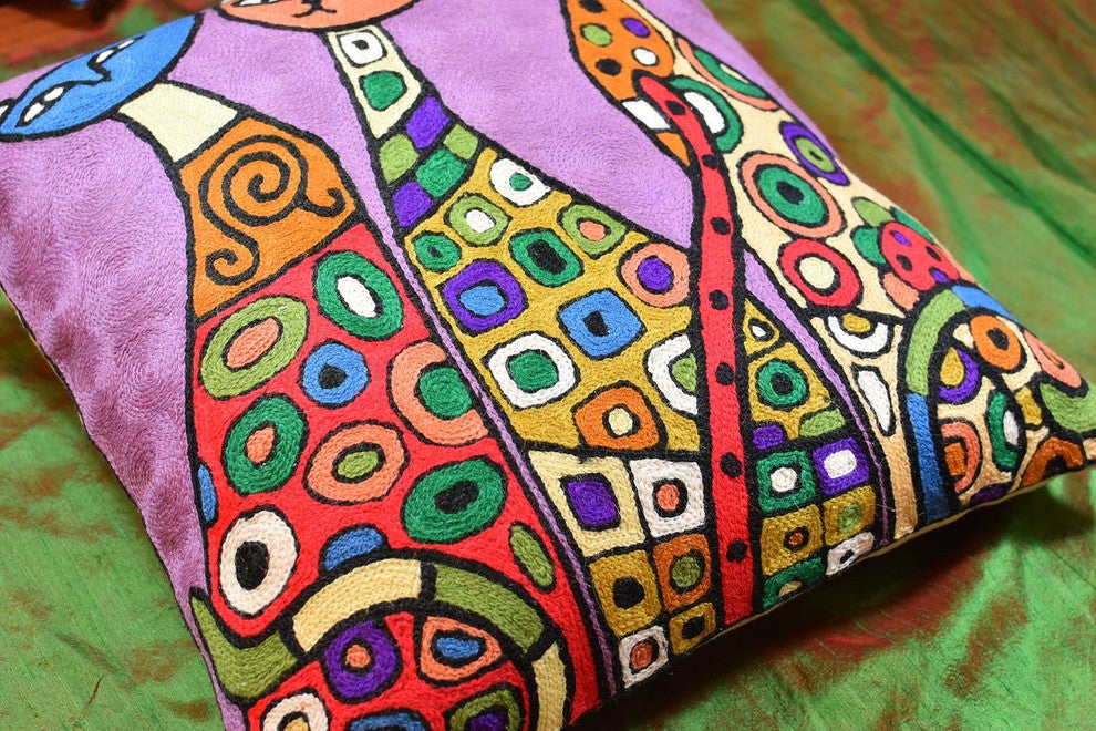 Modern Cats Purple Kitties Triplets Accent Pillow Cover Handmade Wool 18x18"