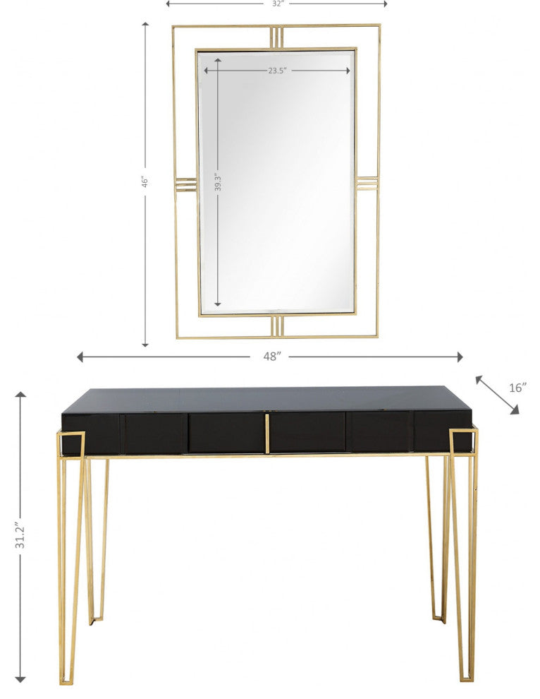 Modern Black and Gold Console Table and Mirror Set
