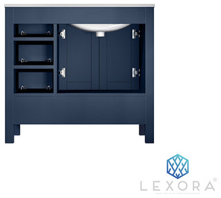 Jacques 36" Vanity, Wht Carrara Marble Top w/ 34" Mirror, Navy Blue, Left